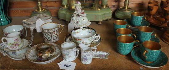 Royal Worcester six-piece shagreen & gilt coffee set & small collection cabinet & miniature ceramics etc